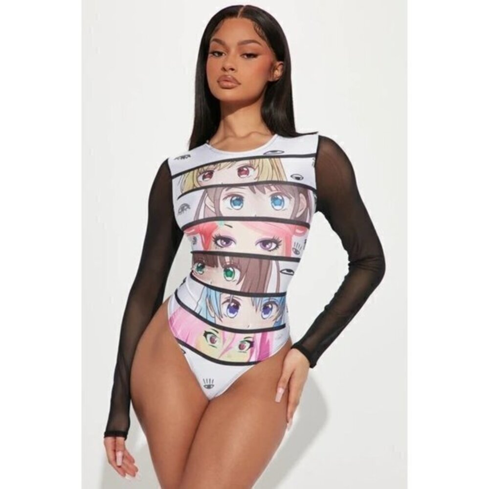 Anime Bodysuit Mesh sleeve‎ Crew Neck Thong Bottom White/combo Size M RefFNB3